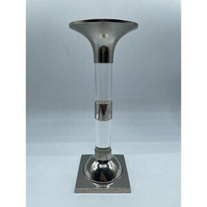 Vintage MCM Silver Plated On Brass Lucite Candlestick Holder One Band